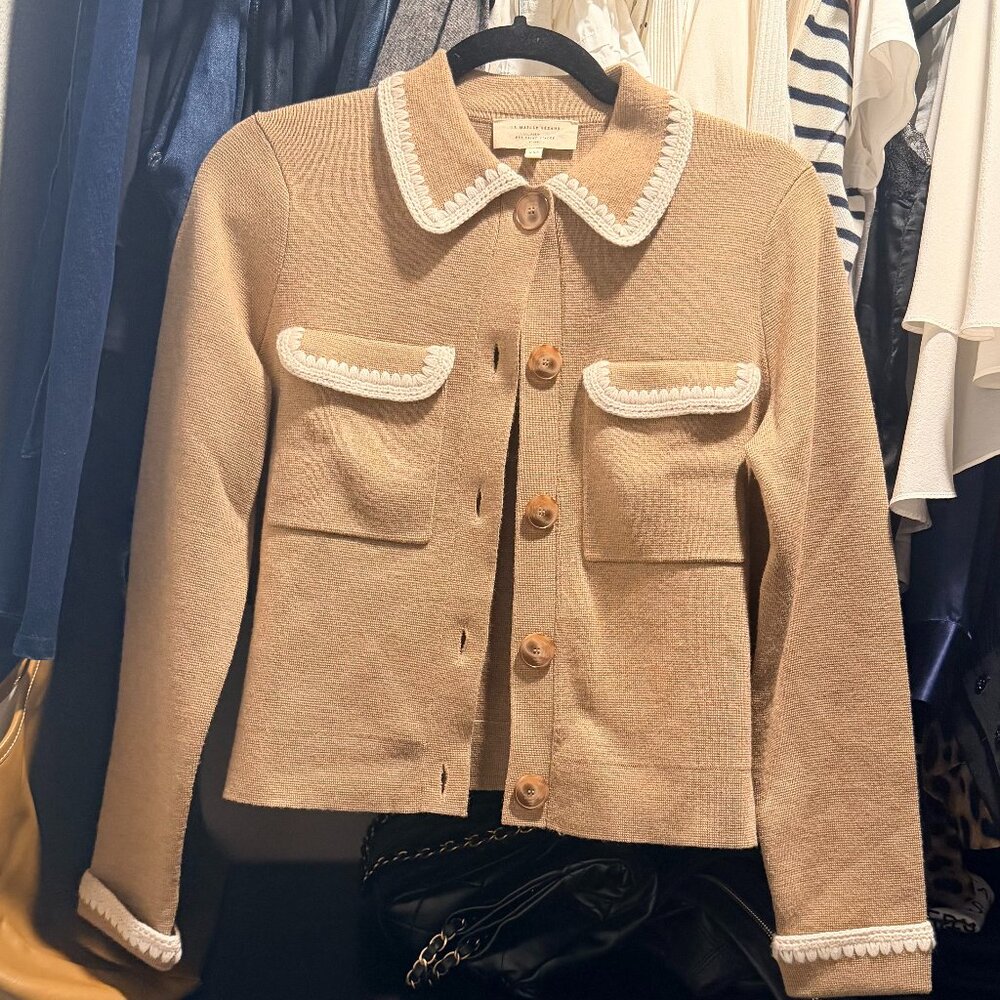 RARE Sezane Betty Cardigan in Mottled Camel Vanilla Crochet and Ecru Crochet
